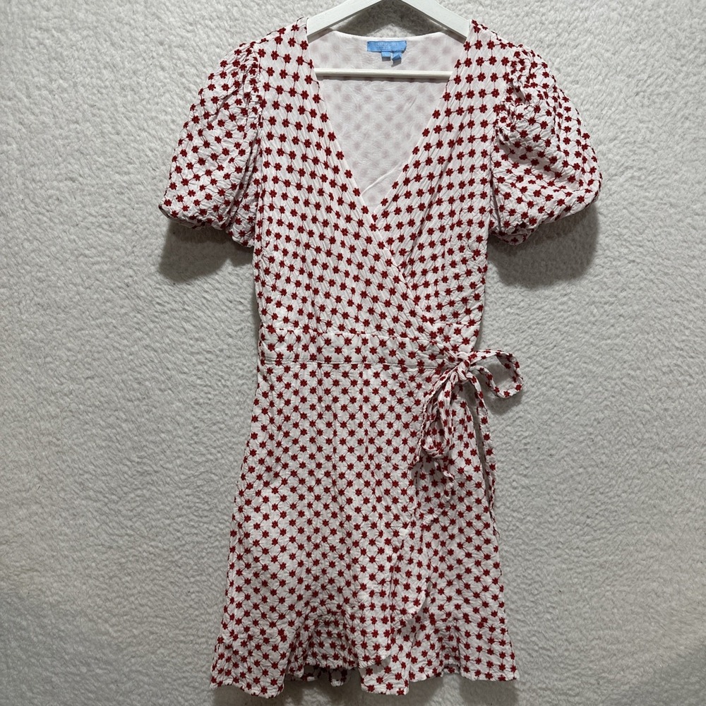 Draper James Wrap Dress Women's L Red Floral Embroidery Puff Sleeve Cottagecore‎